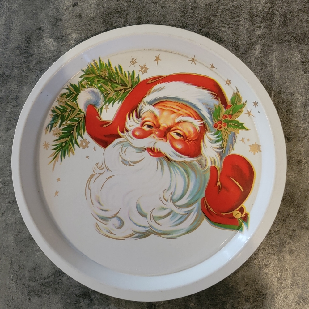 SANTA CLAUS Starburst Mid Century Christmas Serving Tray Round